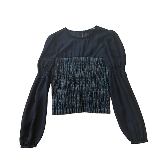 Zara Faux Leather Smocked Sheer Blouse - Picture 1 of 6